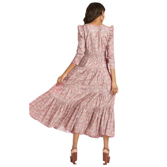 LOVESHACKFANCY Lyna Maxi Dress Tan Garden Cotton Ruffle Floral Pink S 4-6 Sample - Picture 9 of 14